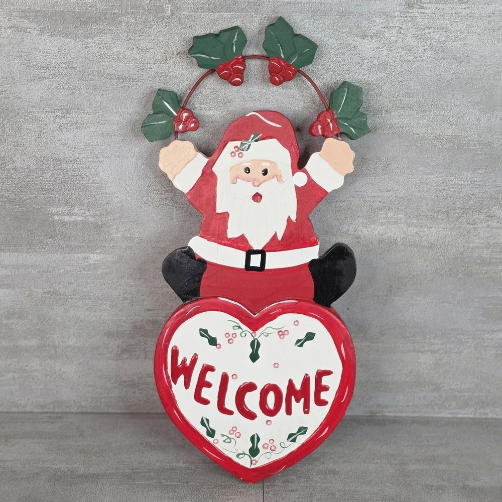 Vintage Folk Art Primitive Carved Wood Santa Welcome Sign 1996 Door Hanger Heart
